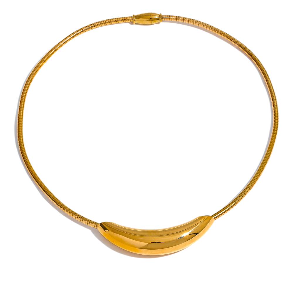 Gold-plated stainless steel necklace with a large, curved pendant.