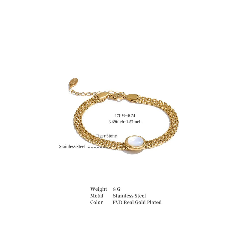 Shell Natural Stone Geometric Bracelet — Gold-Plated Stainless Steel with Natural Stone and Shell · PS1259