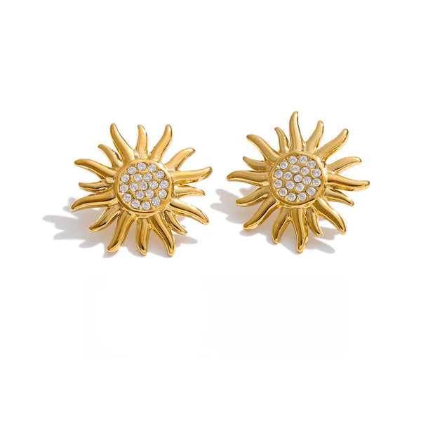 Cubic Zirconia Sun Geometric Earrings — Gold-Plated Stainless Steel with Cubic Zirconia · PS928