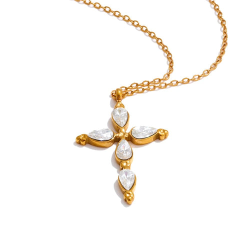 Gold-plated stainless steel necklace with cubic zirconia cross pendant.