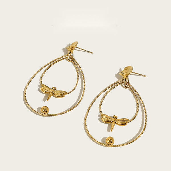 Drop Earrings Dragonfly Ginkgo Leaf — 316L Stainless Steel · PS395