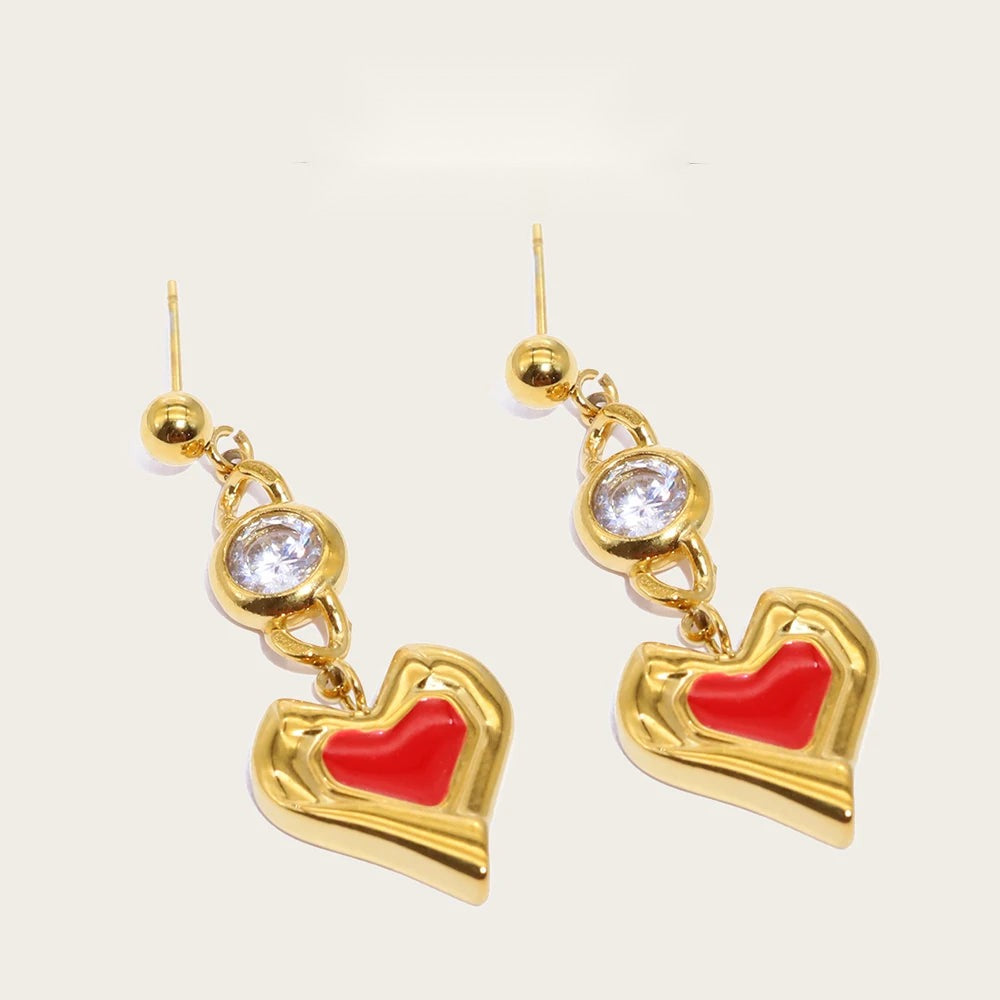 Drop Piercing Earrings Zircon Crystal Red Enamel — 316L Stainless Steel · PS425