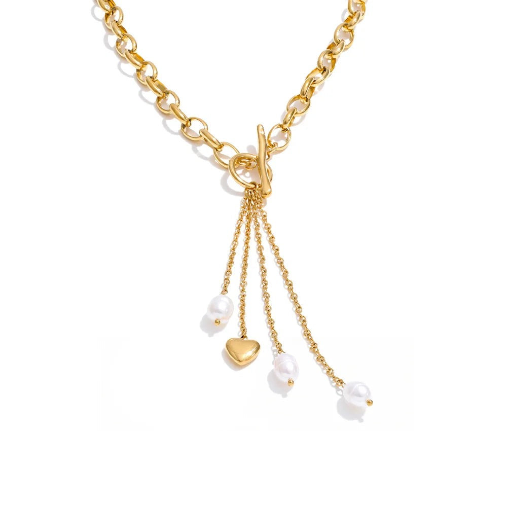 Gold-plated stainless steel necklace with freshwater pearls and a heart pendant.