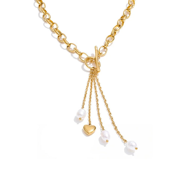 Gold-plated stainless steel necklace with freshwater pearls and a heart pendant.
