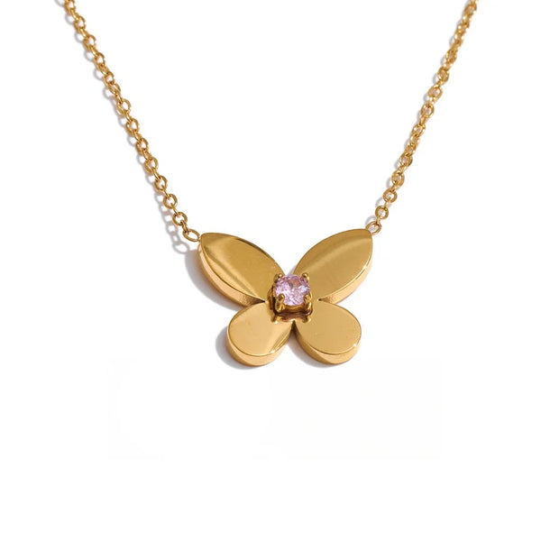 Gold-plated stainless steel necklace with a flower pendant featuring cubic zirconia.