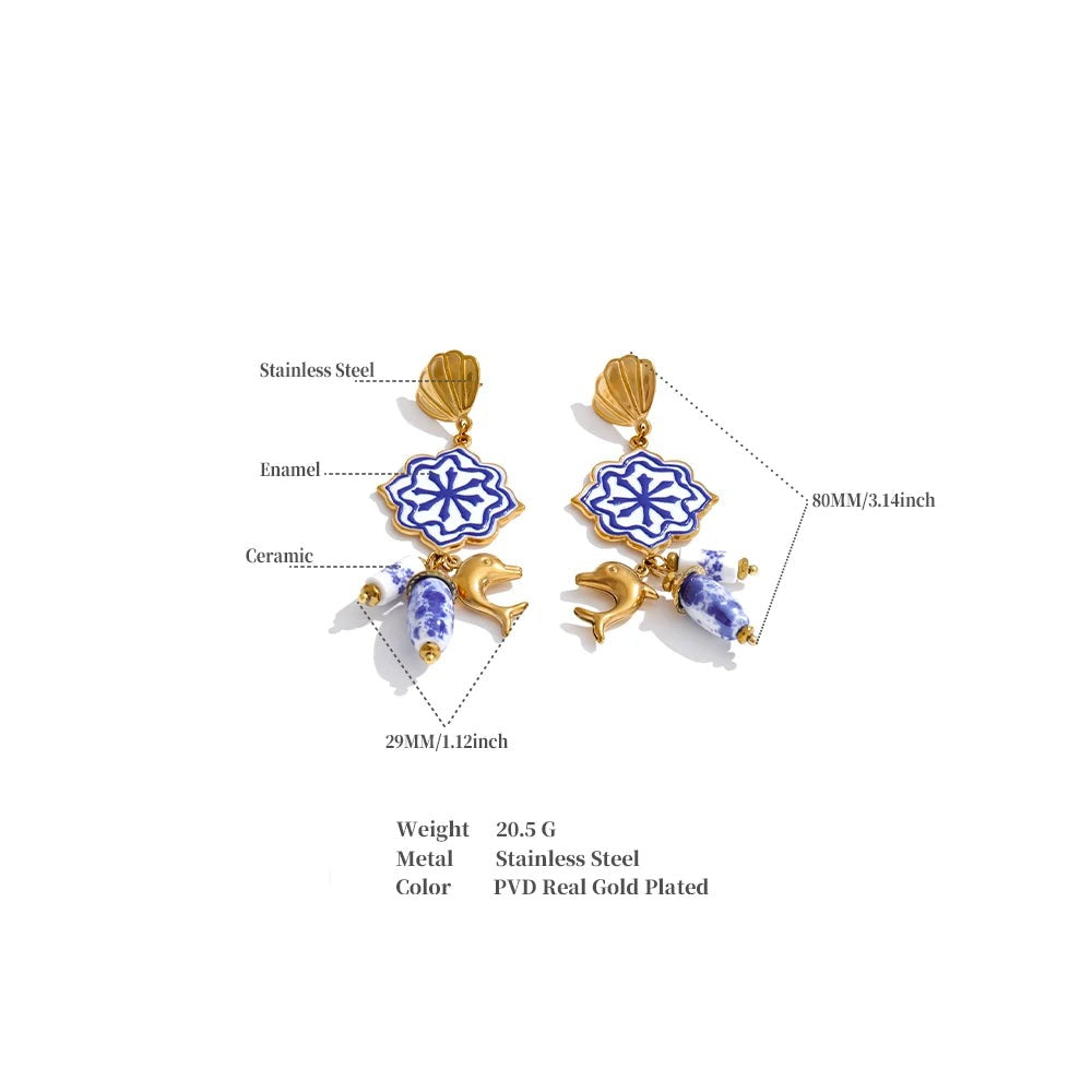 Blue shell enamel earrings in gold-plated stainless steel with shell and enamel.