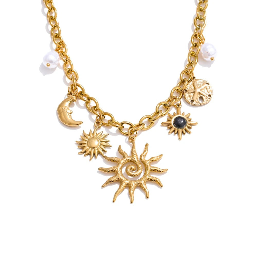 Gold-plated stainless steel necklace with pearls, featuring a sun and moon pendant.