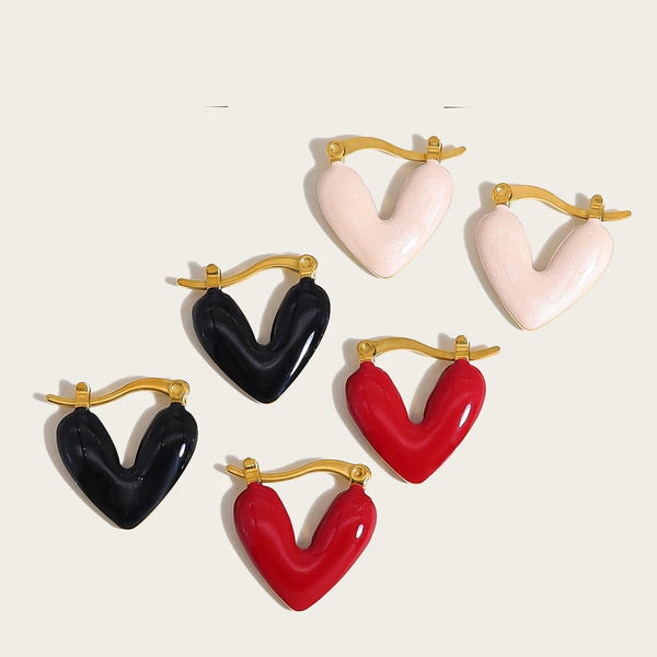 Hoop Earrings Heart Pink Black Red Enamel Vintage — 316L Stainless Steel · PS393