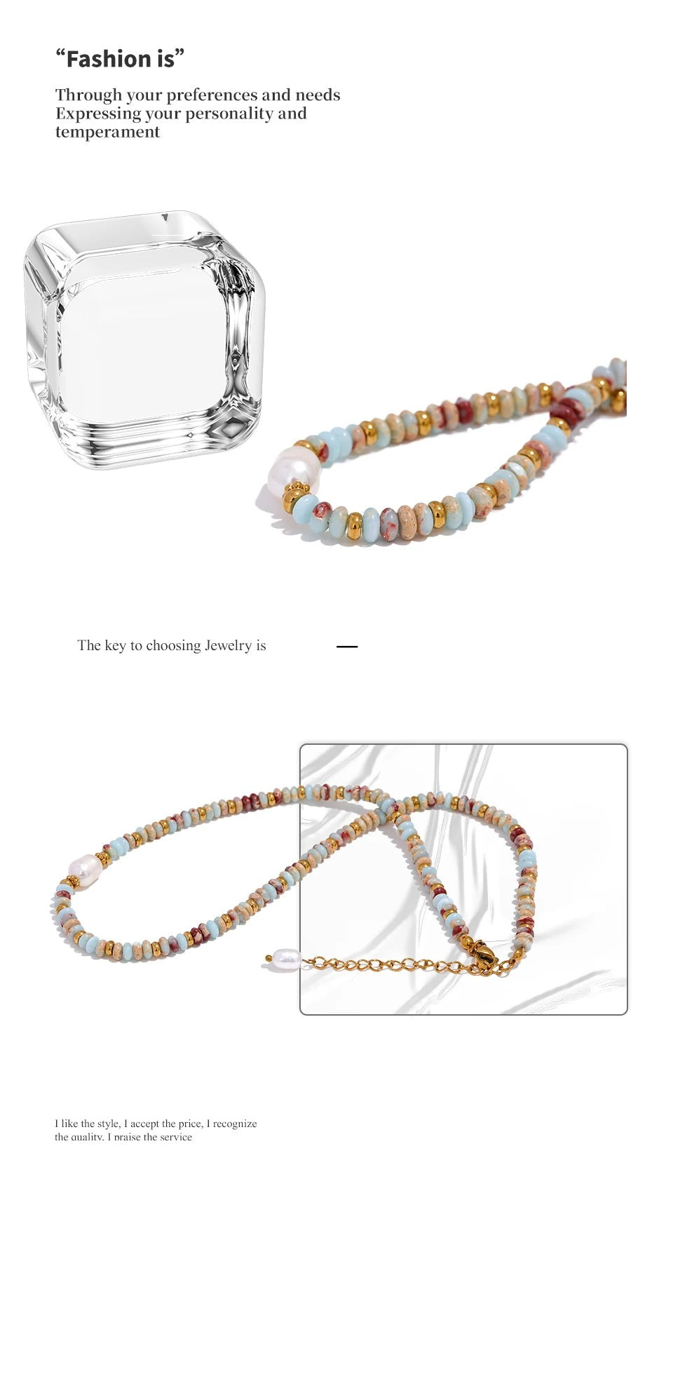 Freshwater pearl natural stone geometric necklace in gold-plated stainless steel with freshwater pearl and natural stone.