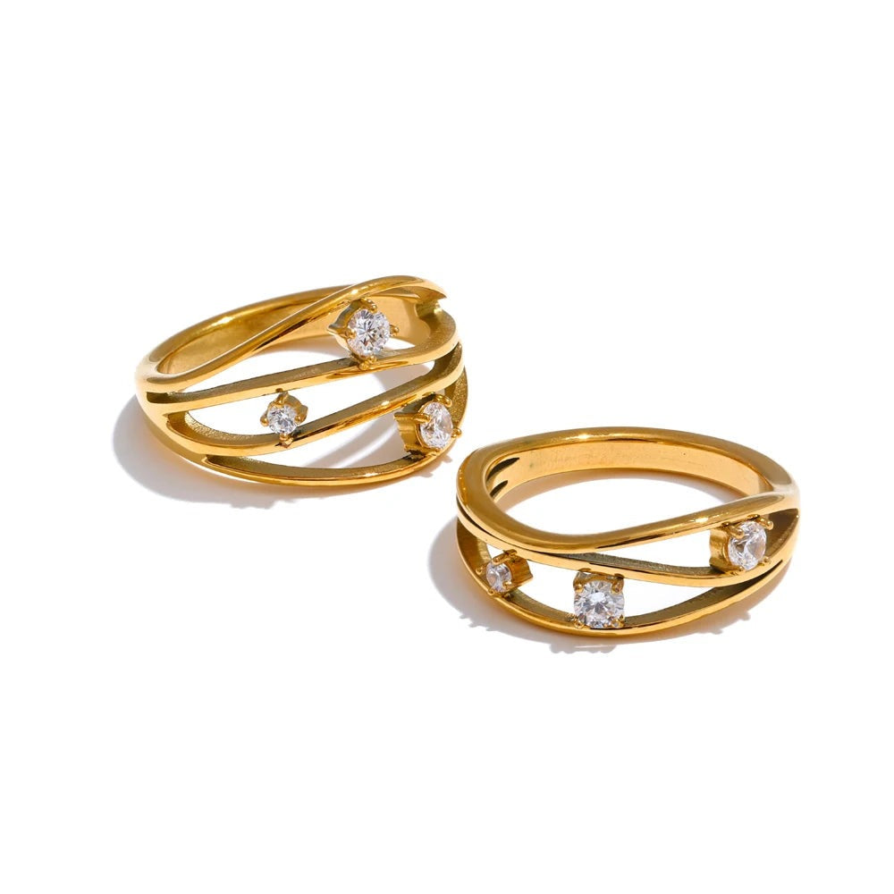 Ring, gold-plated stainless steel, cubic zirconia.