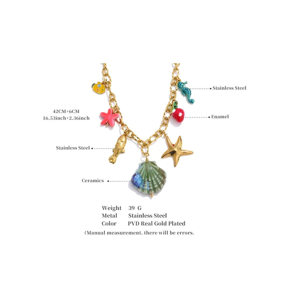 Shell enamel star necklace in gold-plated stainless steel with shell and enamel.