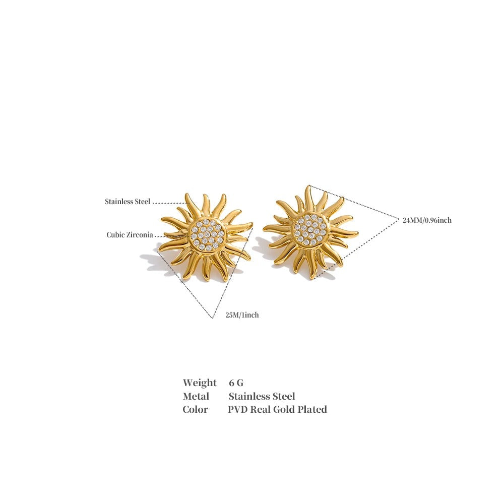 Cubic Zirconia Sun Geometric Earrings — Gold-Plated Stainless Steel with Cubic Zirconia · PS928