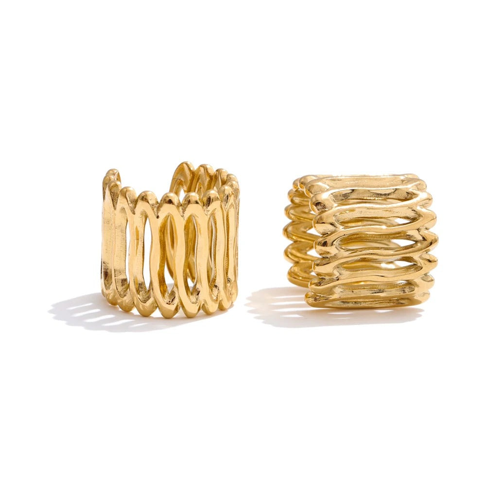 Gold-plated stainless steel hoop earrings with multiple rings.