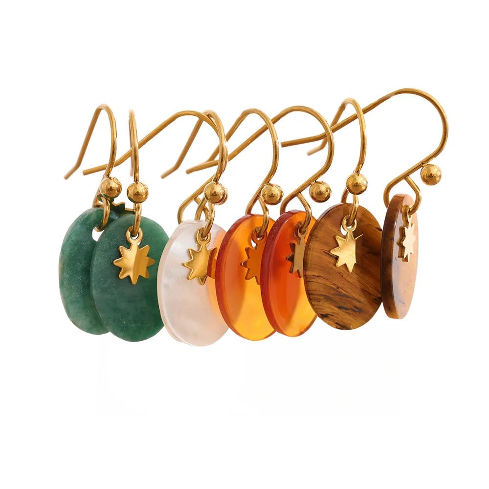Gold-plated stainless steel earrings featuring natural stone beads in various colors.