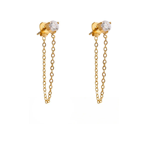 Cubic Zirconia Geometric Chain Earrings — Gold-Plated Stainless Steel with Cubic Zirconia · PS1323