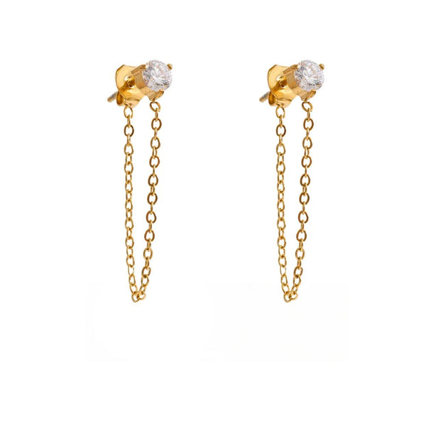 Cubic Zirconia Geometric Chain Earrings — Gold-Plated Stainless Steel with Cubic Zirconia · PS1323
