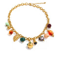 Gold-plated stainless steel necklace with resin beads featuring a colorful array of flowers and leaves.