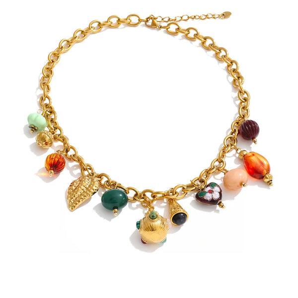 Gold-plated stainless steel necklace with resin beads featuring a colorful array of flowers and leaves.