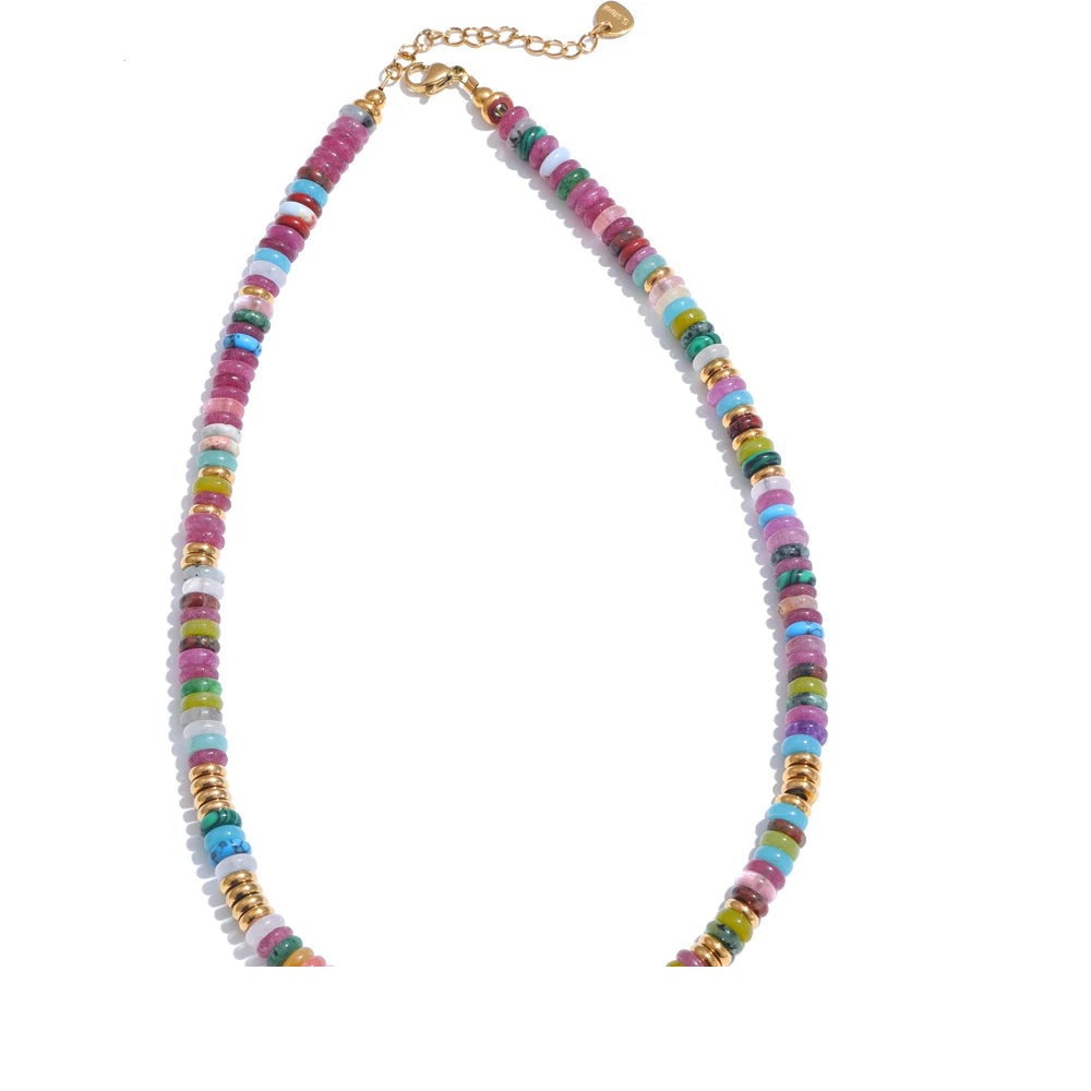 Natural stone beaded multi-color necklace in gold-plated stainless steel with natural stone.