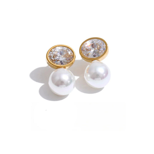 Cubic Zirconia Pearl Geometric Earrings — Gold-Plated Stainless Steel with Pearl and Cubic Zirconia · PS1615