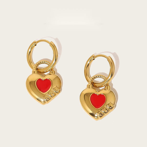 Hoop Earrings Red Enamel Heart — 316L Stainless Steel · PS384