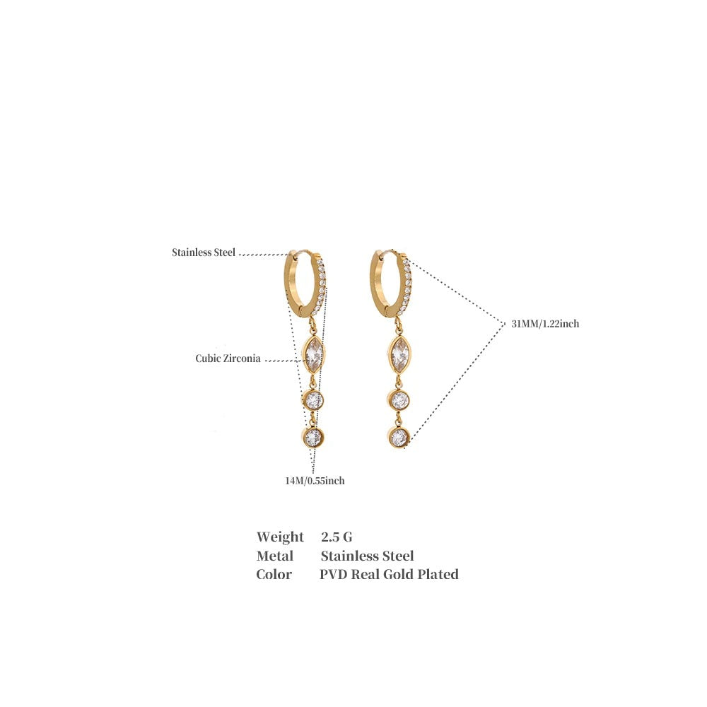 Cubic zirconia geometric chain earrings in gold-plated stainless steel with cubic zirconia.