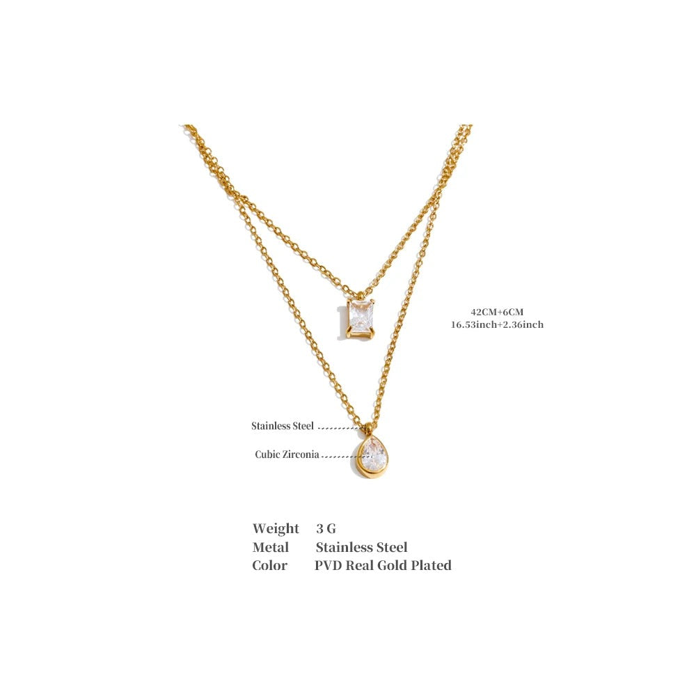 Cubic zirconia geometric layered necklace in gold-plated stainless steel with cubic zirconia.