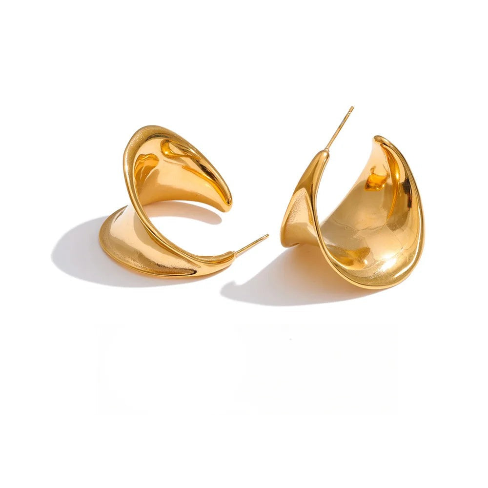 Gold-plated stainless steel earrings with a large, curved design.