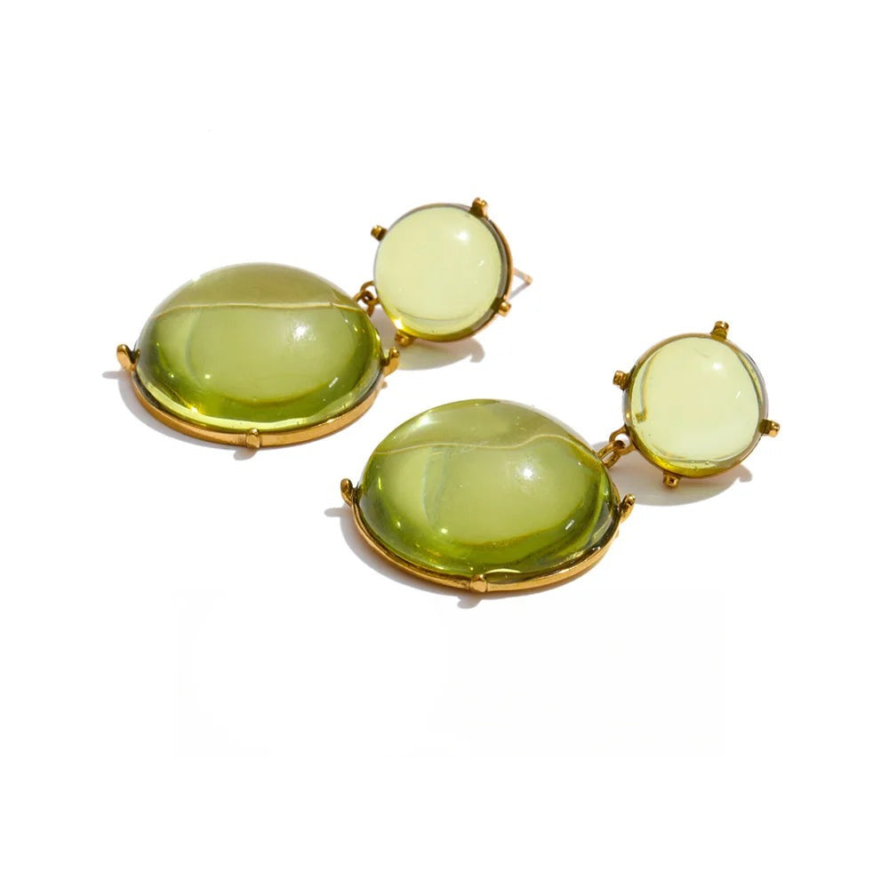 Gold-plated stainless steel earrings with resin and acrylic, featuring a large green oval stone on each side.