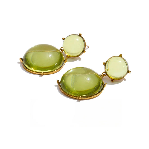 Gold-plated stainless steel earrings with resin and acrylic, featuring a large green oval stone on each side.
