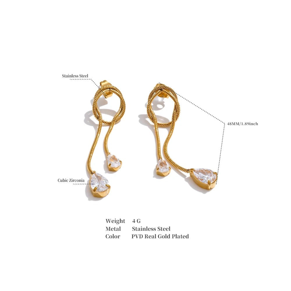 Cubic Zirconia Geometric Chain Earrings — Gold-Plated Stainless Steel with Cubic Zirconia · PS1608