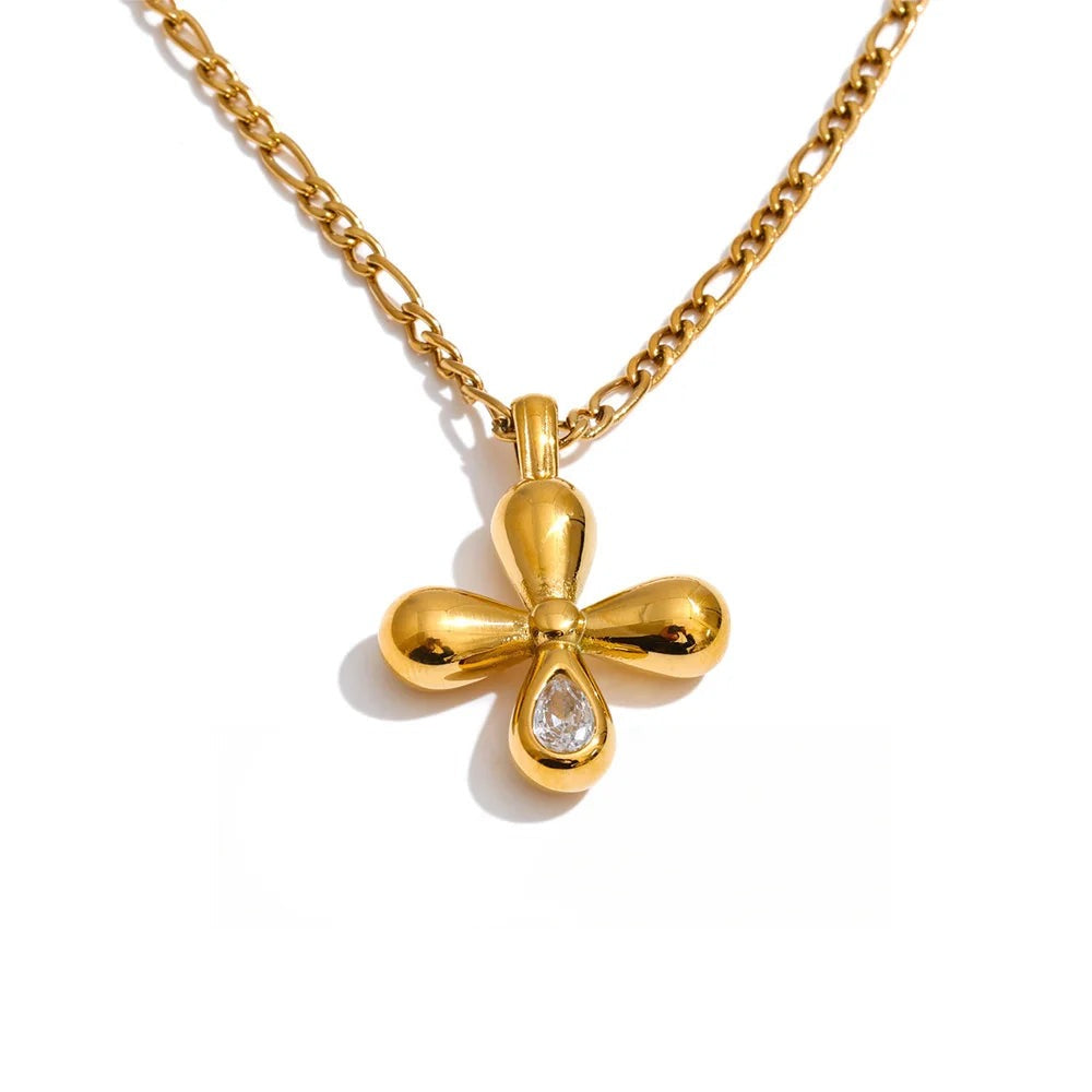 Gold-plated stainless steel necklace with a cubic zirconia flower pendant.