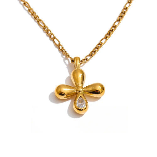 Gold-plated stainless steel necklace with a cubic zirconia flower pendant.