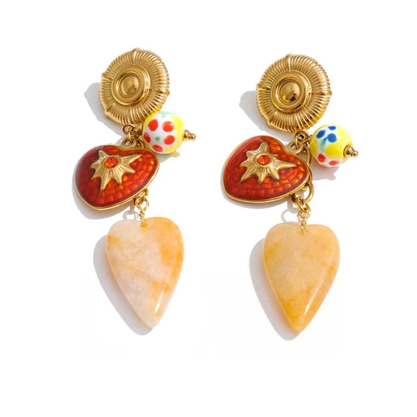 Enamel Natural Stone Heart Earrings — Gold-Plated Stainless Steel with Natural Stone and Enamel · PS1075
