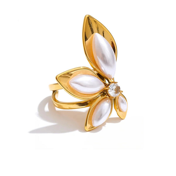 Gold-plated stainless steel ring with pearl flower design.