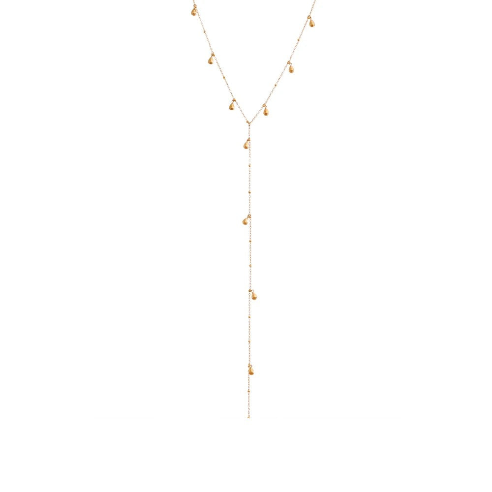Gold-plated stainless steel necklace with a long pendant featuring multiple beads.