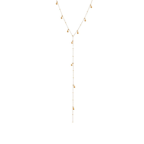 Gold-plated stainless steel necklace with a long pendant featuring multiple beads.