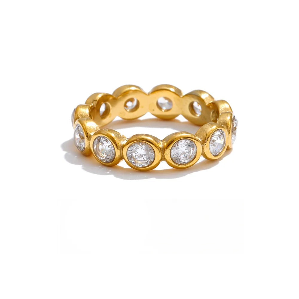 Gold-plated stainless steel ring with cubic zirconia stones.