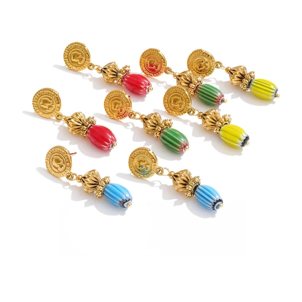 Gold-plated stainless steel earrings with a variety of colored beads.