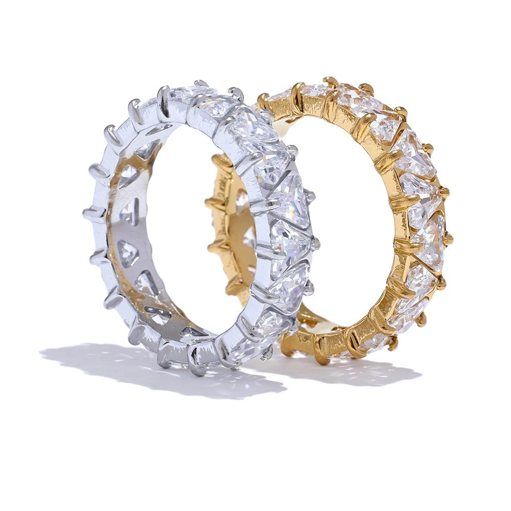 Ring set with gold-plated stainless steel bands and cubic zirconia stones.
