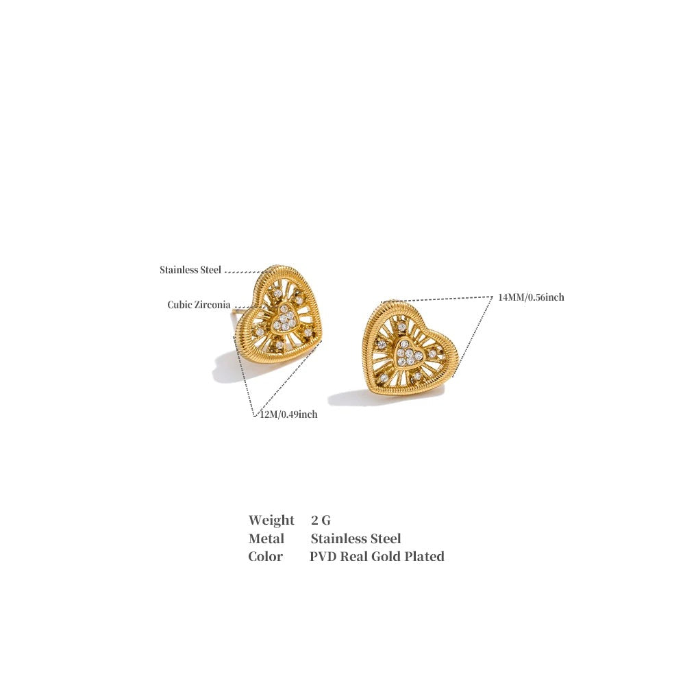Cubic Zirconia Heart Earrings — Gold-Plated Stainless Steel with Cubic Zirconia · PS929