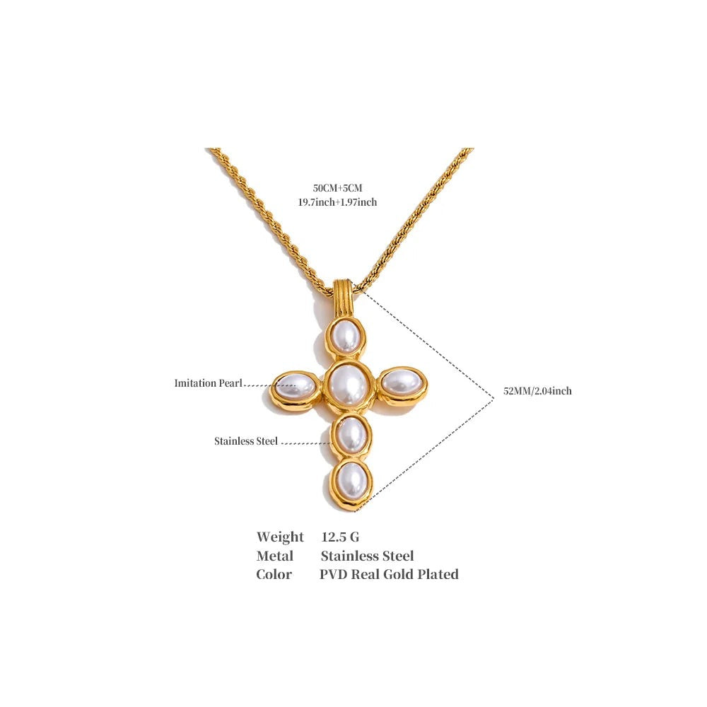 Pearl cross necklace in gold-plated stainless steel with pearl.