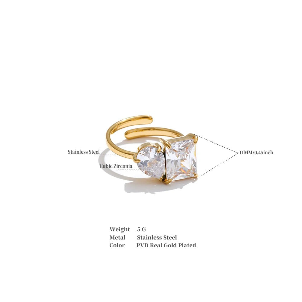Cubic zirconia geometric ring in 18K gold-plated stainless steel with cubic zirconia.