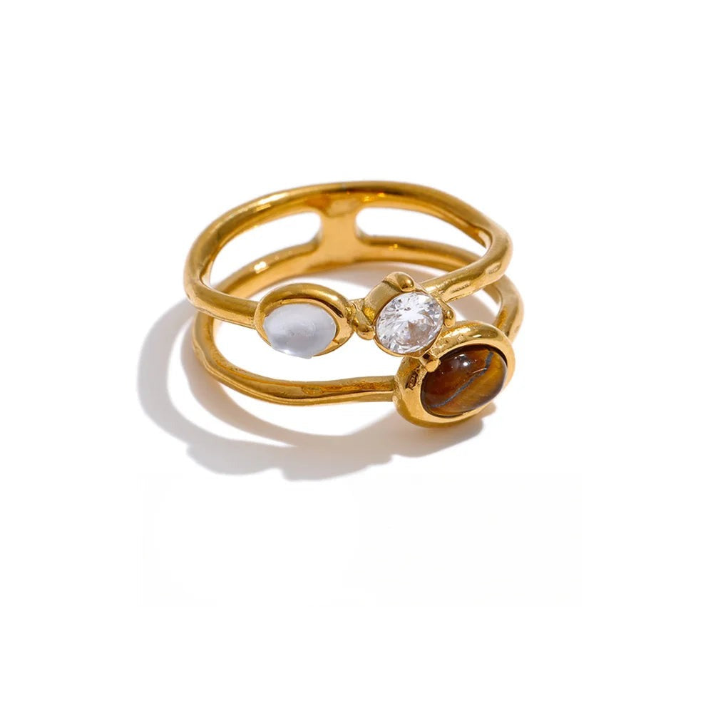 Gold-plated stainless steel ring with cubic zirconia and natural stone.