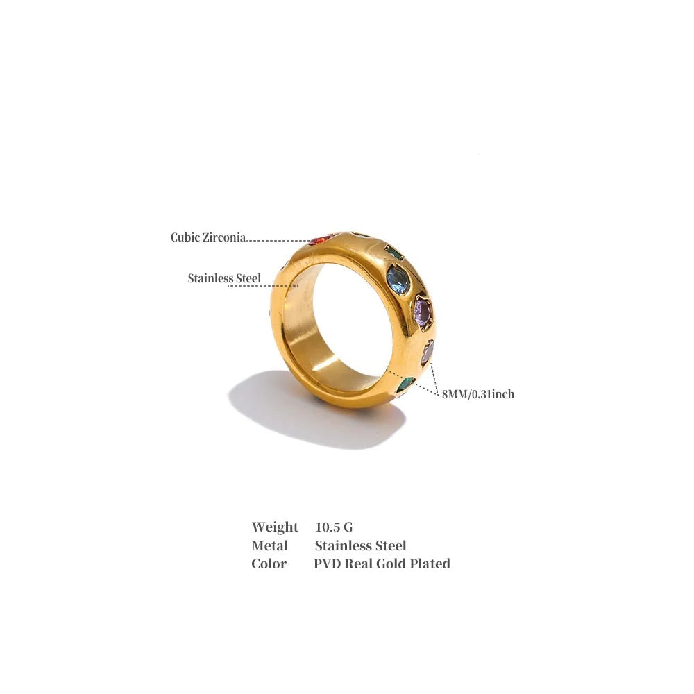 Cubic zirconia multi-color geometric ring in 18K gold-plated stainless steel with cubic zirconia.