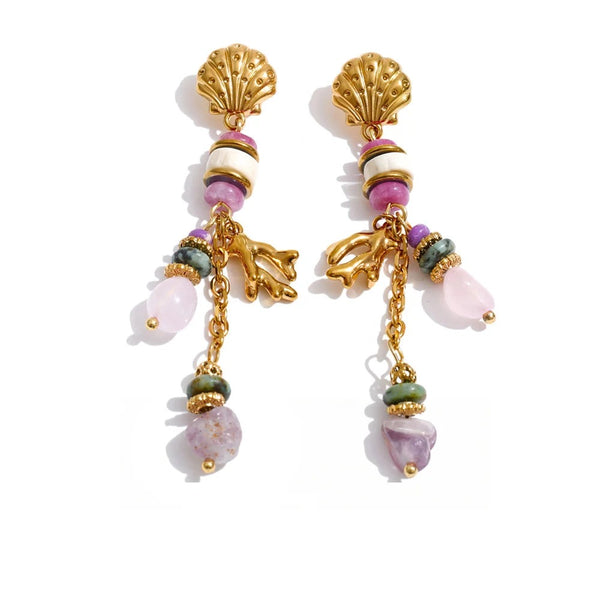 Gold-plated earrings featuring natural stones and a letter 'H' charm.