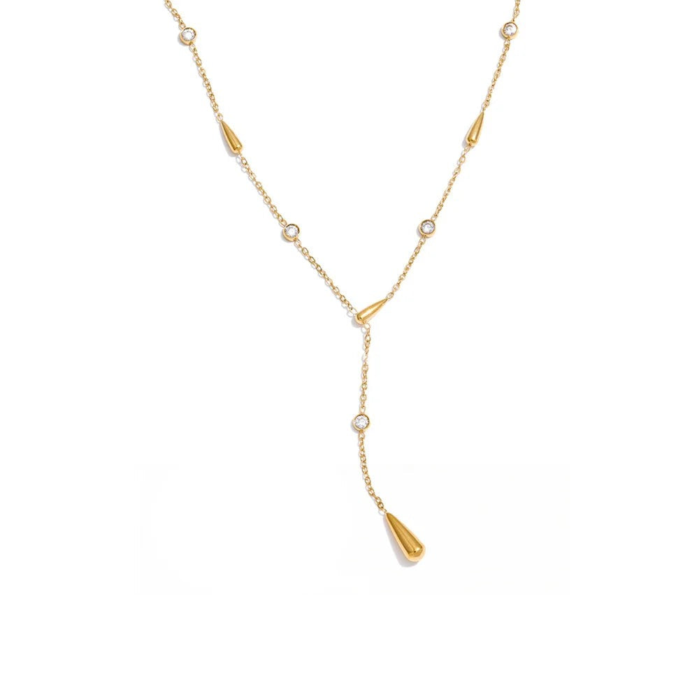 Gold-plated stainless steel necklace with cubic zirconia accents.