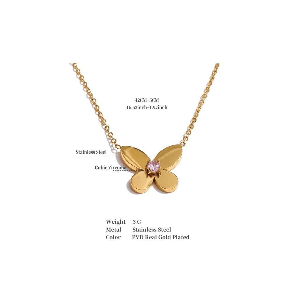 Cubic zirconia butterfly necklace in gold-plated stainless steel with cubic zirconia.