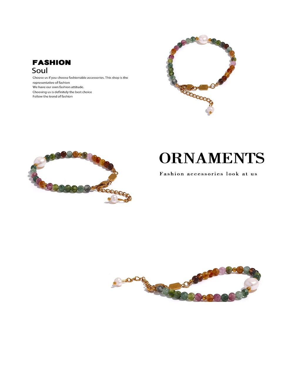 Pearl natural stone beaded bracelet in gold-plated stainless steel with pearl and natural stone.