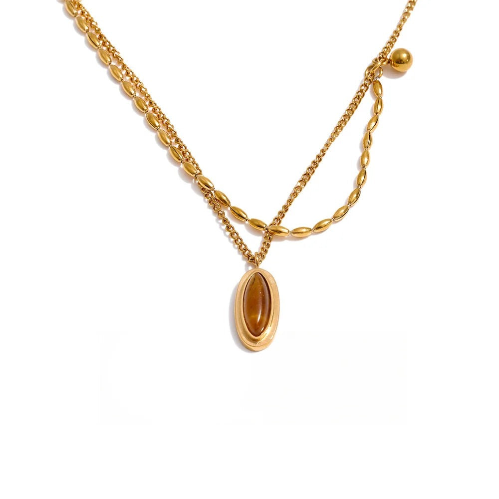 Gold-plated stainless steel necklace with a large natural stone pendant.